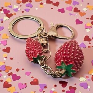 Strawberry Keychain & Bag Charm with Green & Gold Accents Plus Gold Hardware New